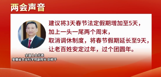 全国人大代表赵皖平:代表建议春节假期延至9天 取消调休